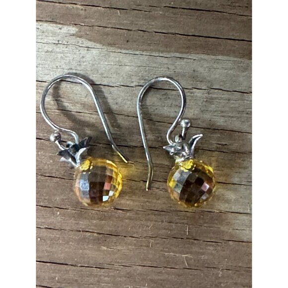 Faceted Pineapple-Shaped Earrings With Sterling Silver Hooks & Yellow Crystals - Picture 1 of 5